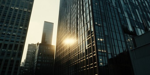 Urban skyline at sunset with reflective glass buildings.