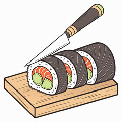 Sushi placed on a cutting board with a knife beside it, ready for preparation or serving.