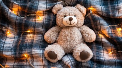 Teddy bear resting on a soft plaid blanket surrounded by warm festive lights, creating a cozy winter holiday ambiance.