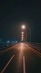A dimly lit bridge at night, showcasing a tranquil and mysterious atmosphere.