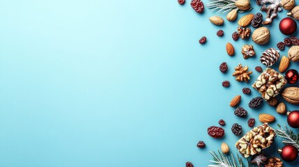 Traditional Christmas cake ingredients including nuts, raisins, and marzipan arranged artistically on a blue background with space for personalized text.