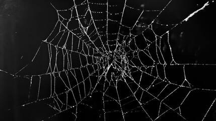 Intricate spider web glistening with dew against a deep black background, showcasing fine details and delicate strands.