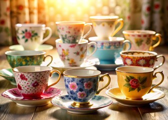 Fototapeta premium Unique Vintage Cups and Mugs for Afternoon Tea Ceremony - Uniquely Patterned Ceramics and Drinkware for Retro Tea Lovers