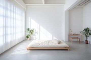 A minimalist bedroom with natural light, a bed, and plants creating a serene atmosphere.