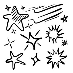 Set of hand drawn light, star and sparkle effect drawing illustrations in doodle style.