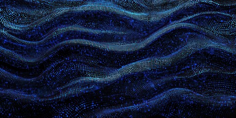 Binary code cascading in a wave pattern across a black and electric blue background, symbolizing data and digital technology.