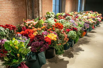 Naklejka premium Fresh Cut Flower Bouquets Arranged in Vibrant Displays for a Local Market Event