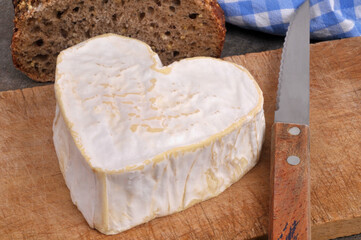 Fromage français Neufchâtel sur une planche à découper en bois avec un couteau et un morceau de pain aux graines en gros plan