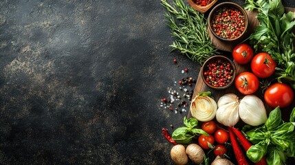 Rustic Table Spread Showcasing Colorful Fresh Vegetables, Spices, and Herbs on Dark Background for a Cozy Dining Experience