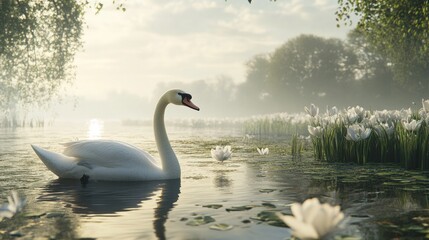 Fototapeta premium Elegant swan gracefully gliding through a serene lake surrounded by lush greenery and blooming water lilies under soft morning light