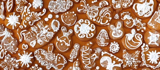 Gingerbread cookies with intricate sugar icing designs creating a festive and colorful holiday background ideaal for seasonal themes