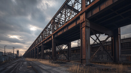 Obraz premium A Rusting Steel Bridge, A Glimpse into Industrial History, Its Weathered Structure Stands Tall Against a Stormy Sky.