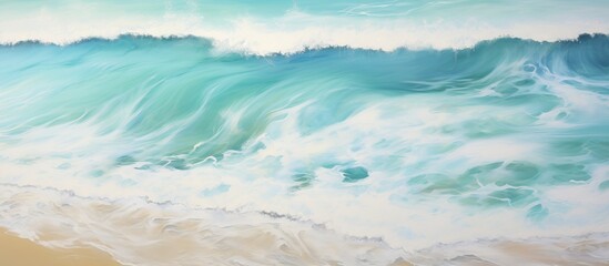 Fototapeta premium Aerial view of turquoise ocean waves crashing onto a pristine white sand beach under clear blue skies creating a serene coastal landscape