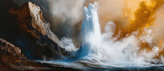 Geyser Eruption Showcasing Natural Power with Steam and Water Plumes Against Rocky Landscape and Dramatic Sky