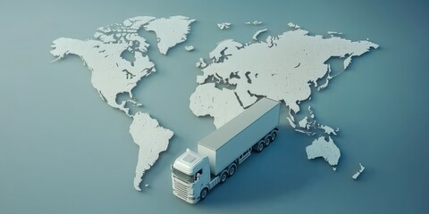 Cargo ship, plane, and freight truck against a world map background, showcasing global logistics.