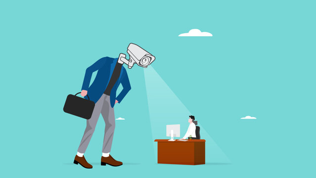 micromanaging boss with cctv head, excessive supervision of employees, toxic manager monitoring employee every time, micromanaging boss with use a magnifying glass to keep an eye on employees working