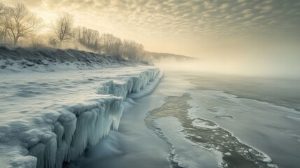 Vereiste Ufer eines Flusses bei sanftem Licht