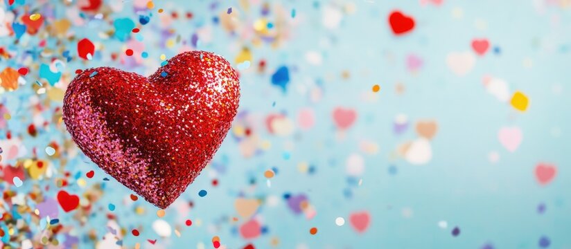 Colorful confetti background with a shimmering heart for customizable greeting card design ideal for celebrations and special events