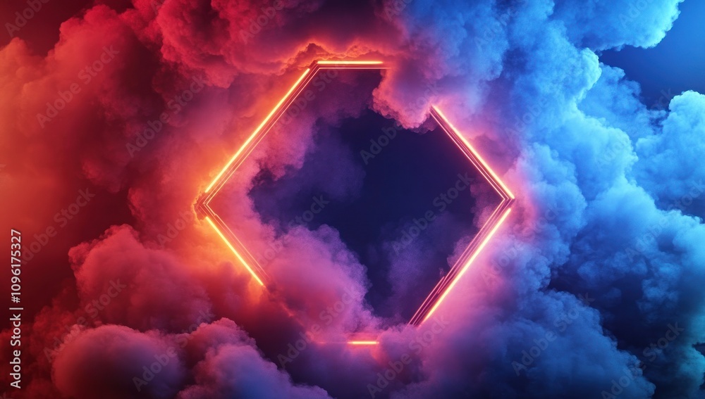 Poster A glowing hexagonal frame surrounded by colorful clouds, creating a vibrant visual effect.