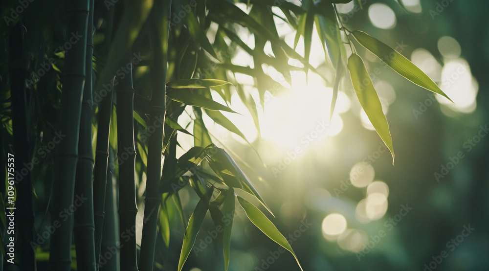 Poster Sunlight filters through bamboo leaves in a tranquil forest setting during the golden hour, creating a serene atmosphere