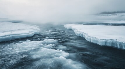 Obraz premium Zugefrorener Fluss in einer frostigen Winterlandschaft