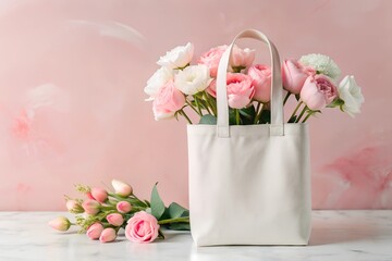 Elegant white canvas tote bag mockup with roses and tulips on a soft pink background. Suitable for Valentine’s Day or wedding themes with a romantic vibe.