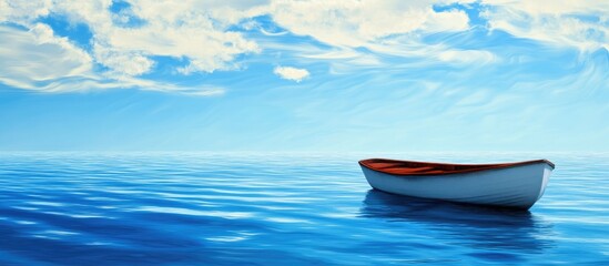 Fototapeta premium Serene boat floating on calm blue ocean waters under a bright sky with fluffy clouds and reflections on the surface.