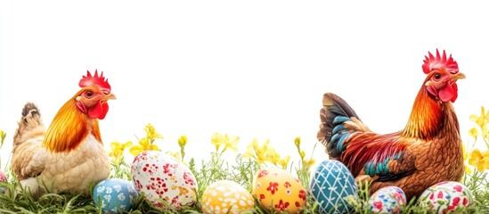 Chickens and colorfully decorated Easter eggs nestled among flowers on a white background celebrating springtime festivities.