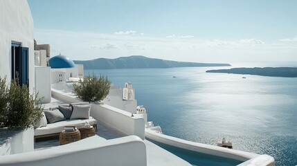 Obraz premium Scenic View of Santorini Island with Peaceful Blue Waters and White Architecture