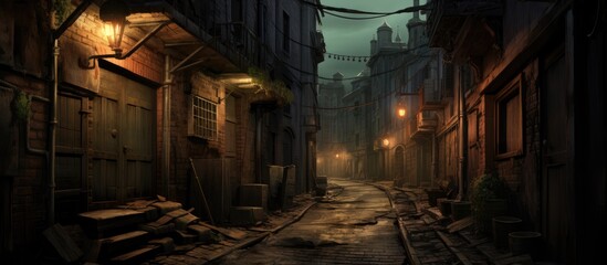 Fototapeta premium Mysterious old city alley at night illuminated by warm street lamps and surrounded by vintage architecture and cobblestone pathways.