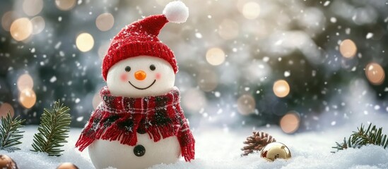 Fototapeta premium Festive snowman wearing a red hat and scarf surrounded by winter decor in a snow-covered landscape with bokeh lights for Christmas theme