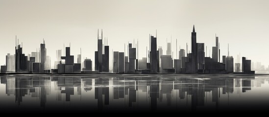 Modern city skyline silhouette with reflective water surface in monochrome aesthetic.
