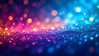 Shiny multicolor glitter raster background. Abstract shimmering pink, blue, and yellow circles decorative backdrop. Overlapping glowing and twinkling spots. Vibrant rainbow colored bokeh circles 