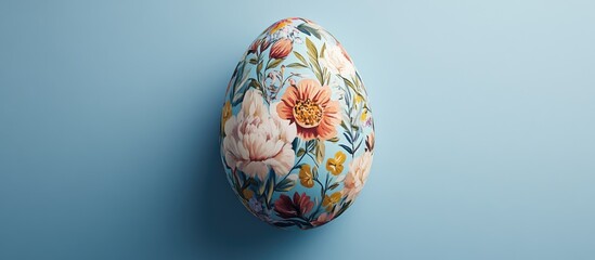 Colorful Easter egg adorned with floral patterns on a soothing blue background perfect for spring and holiday themes.