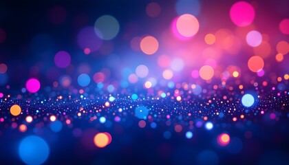 Shiny multicolor glitter raster background. Abstract shimmering pink, blue, and yellow circles decorative backdrop. Overlapping glowing and twinkling spots. Vibrant rainbow colored bokeh circles 