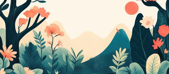 Natural landscape illustration for a calendar cover with vibrant flora, mountains, and a stylized sunset in a serene color palette