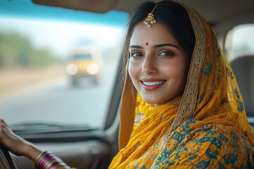 Smiling woman in traditional saree driving a car with joyful expression