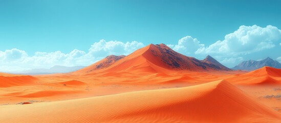 Naklejka premium Vibrant expansive desert landscape featuring rolling dunes and striking blue sky with fluffy clouds in a captivating photomerge.