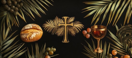 Naklejka premium Eucharist symbolism with bread, chalice, and cross surrounded by palm leaves on a dark background for religious and spiritual themes