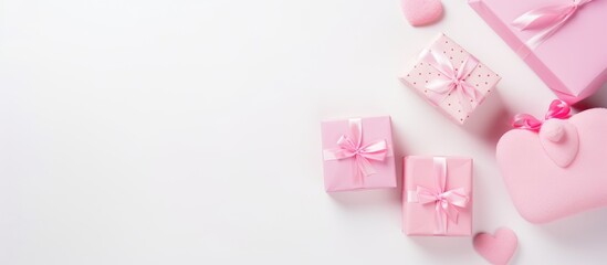 Newborn gift collection in pink flat lay on white background with heart shapes and ribbons ideal for baby shower or celebration invitations