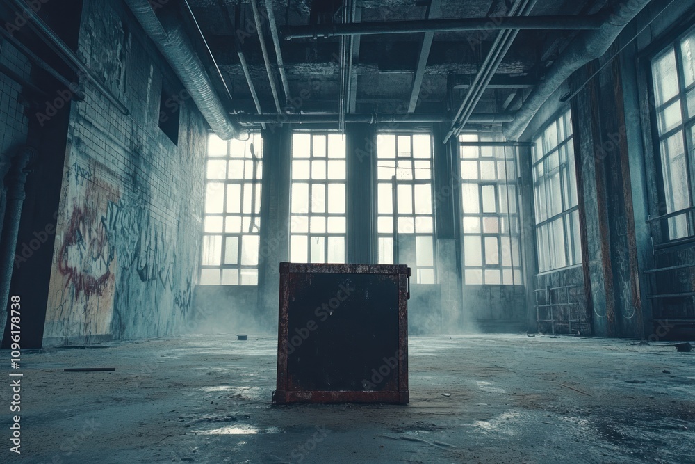 Poster A desolate industrial space with a solitary box amidst large windows and a misty atmosphere.