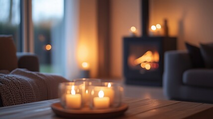 Gem&uuml;tlicher Wohnraum mit Kerzen und Kamin