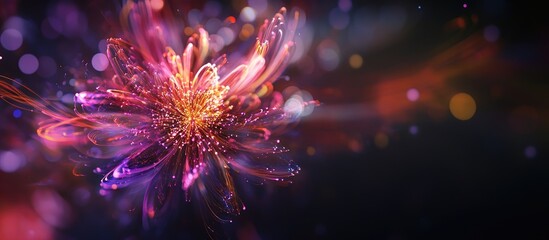 Fototapeta premium Colorful abstract fireworks bursting like flowers against a dark background, creating a festive atmosphere with vibrant glowing particles