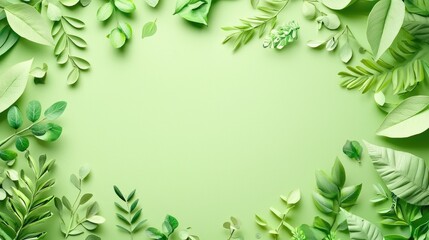 Lush Green Foliage Border on Pale Green Background