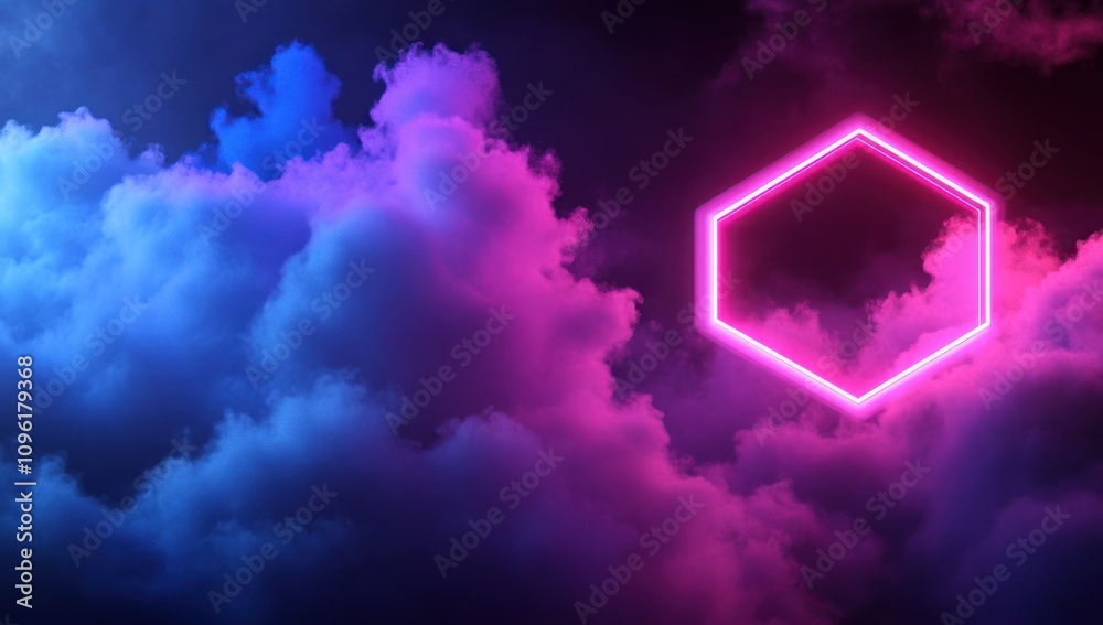Aufkleber A vibrant hexagonal neon frame set against colorful clouds, creating a digital atmosphere.