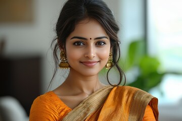 Elegant woman in traditional indian attire with gold accessories smiling indoors