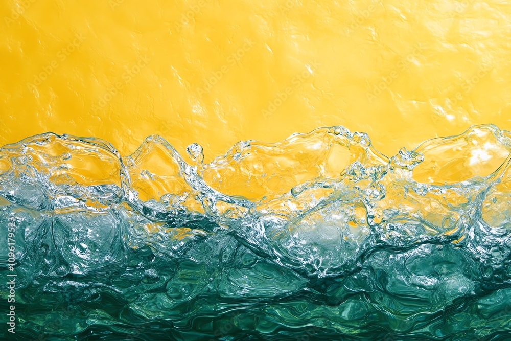 Poster Abstract image of water waves against a yellow background, creating a vibrant, dynamic effect.