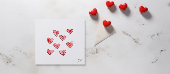 Handmade Valentine s Day greeting card with tic tac toe game and hearts alongside a grey envelope on a white concrete background