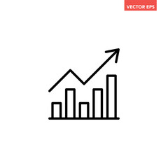 Single black arrow growing up on chart graph bars line icon, success graph trending upwards flat design interface infographic element for app ui ux web button, vector isolated on white background