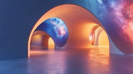 Futuristic Interior Space with Cosmic Wall Art Illuminating Arched Passageways in a Dreamy Multicolored Environment